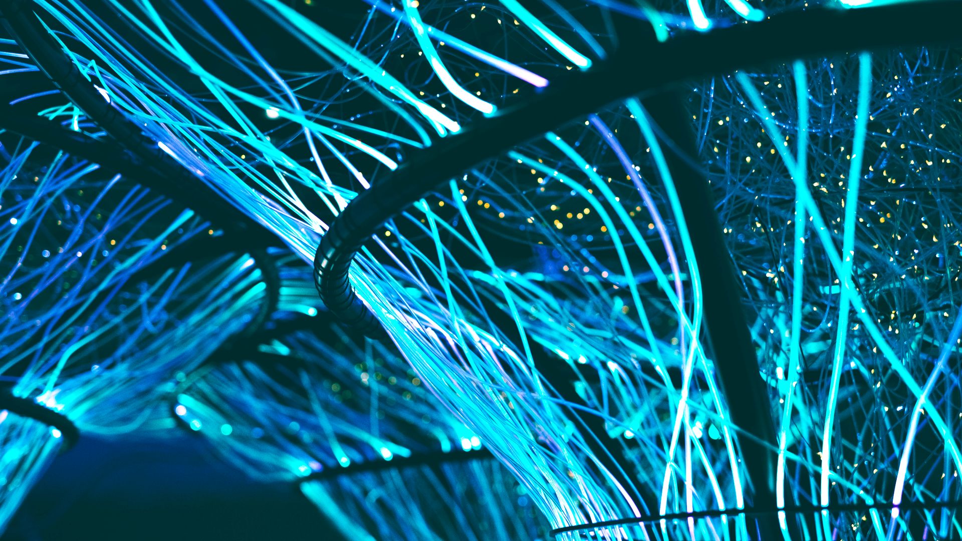 Abstract digital technology network with glowing blue optical fibers